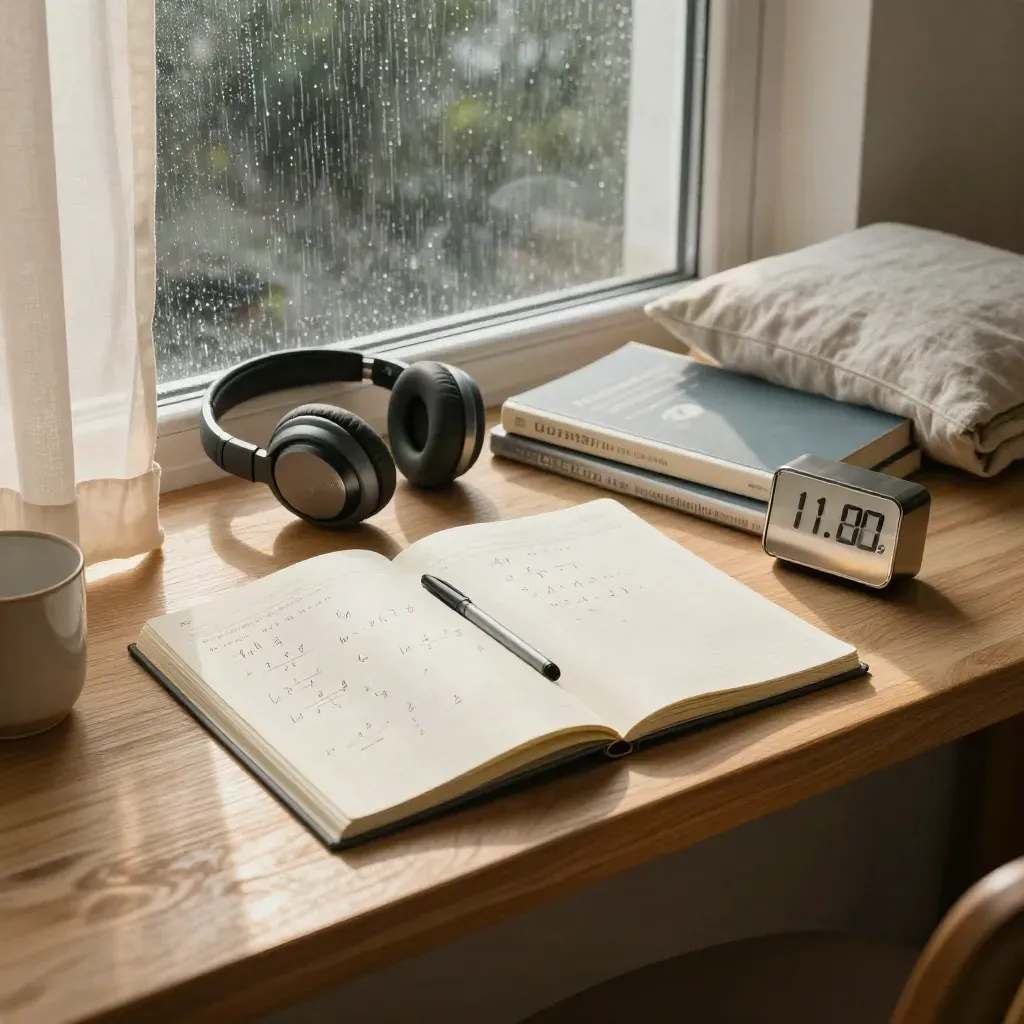 Tutoring materials arranged on a window bench in warm daylight, with notebook, books, headset and timer.