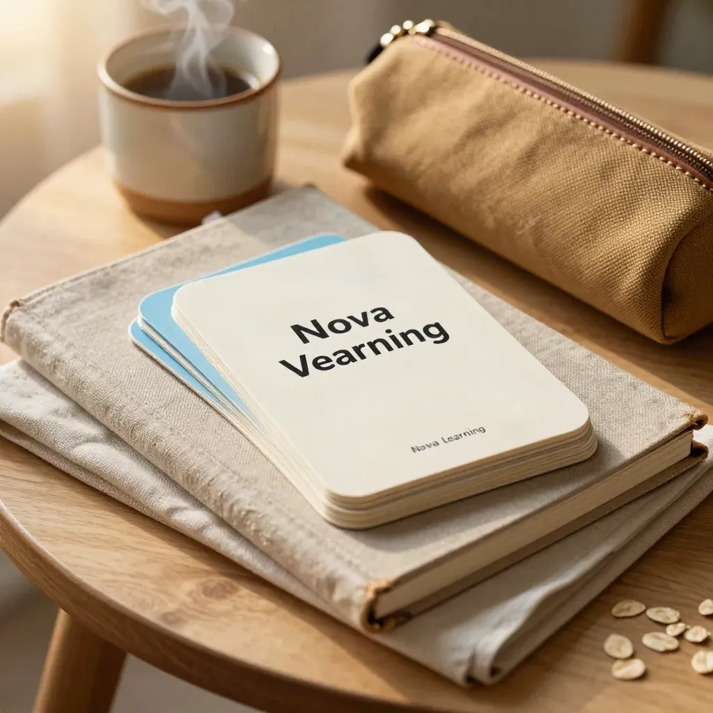 Steam rises from study-skills materials on a small oak table, with blue tabs and a warm mug.
