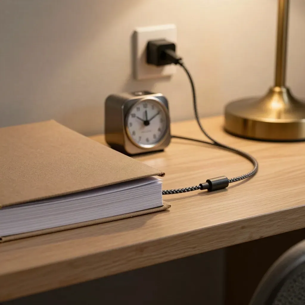 Study nook with timer, notebooks, charger and lamp glowing ready for evening homework.