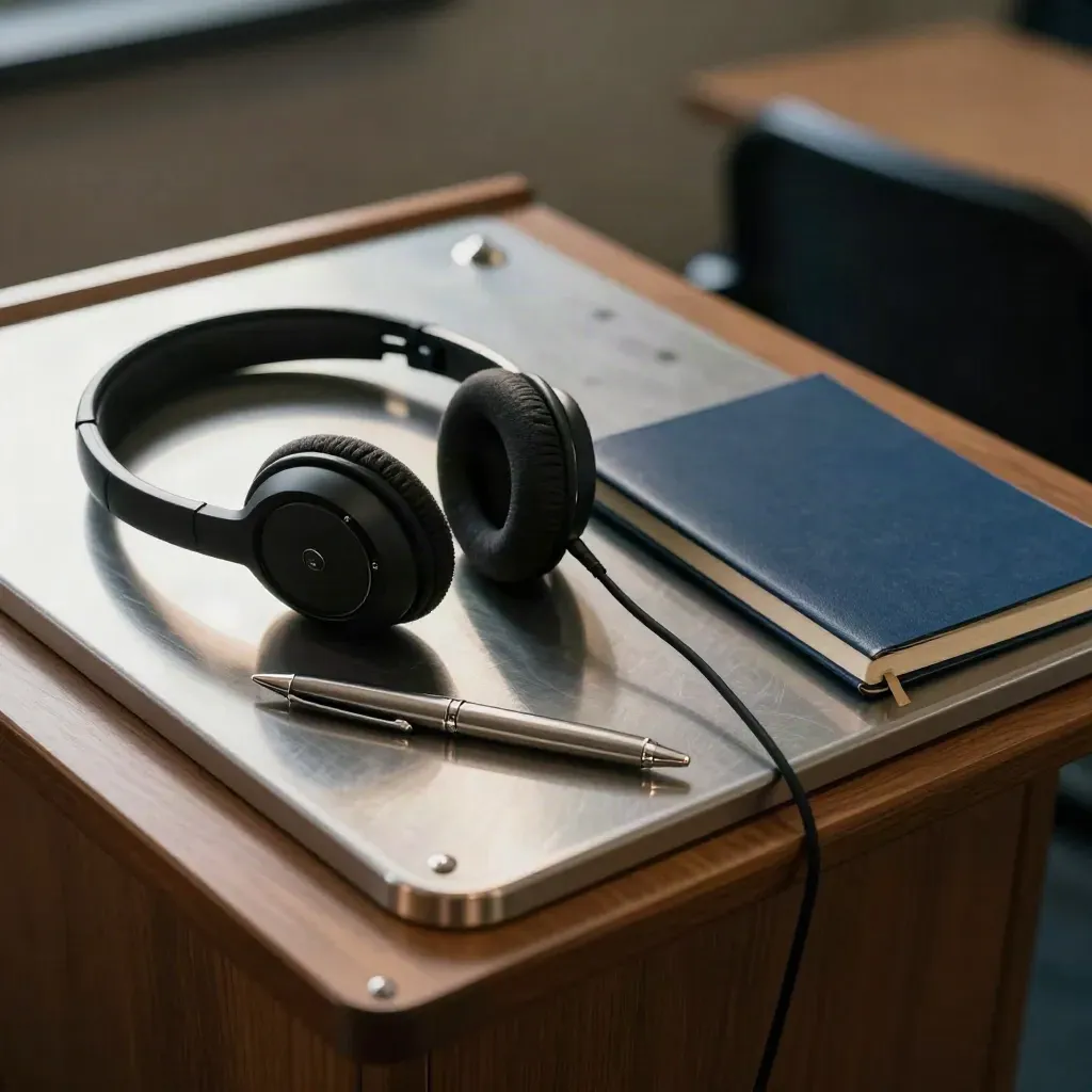 Corporate trainer tools on a brushed-metal tray: headset, clicker, pen and notebook in dramatic light.