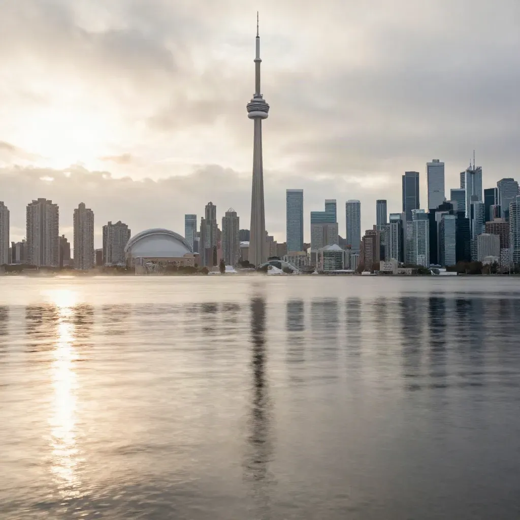 Toronto skyline from the Islands at dawn, CN Tower high above calm harbour water