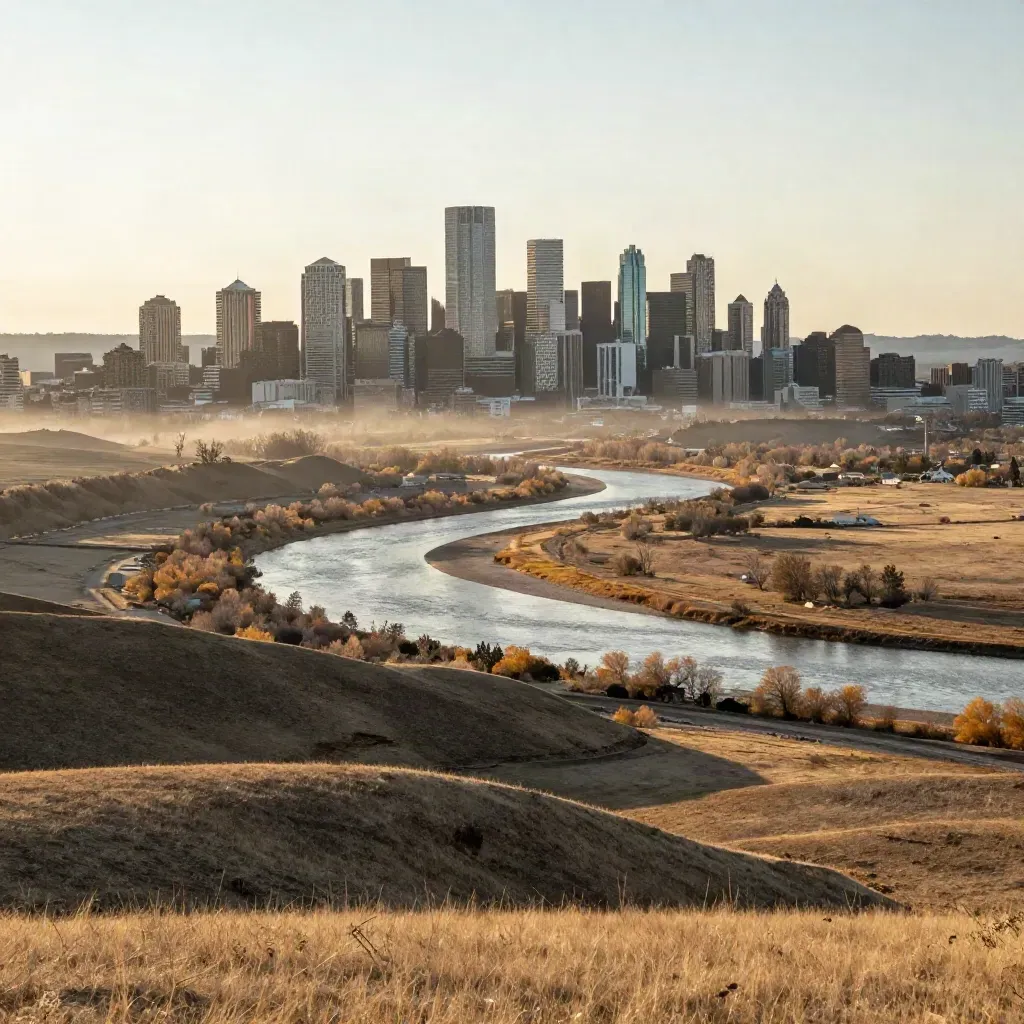 Calgary skyline above the Bow River and prairie edge at golden hour