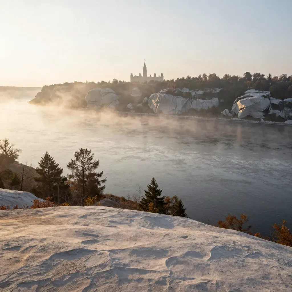 Ottawa Valley river mist, limestone escarpment, and distant Parliament silhouette at sunrise